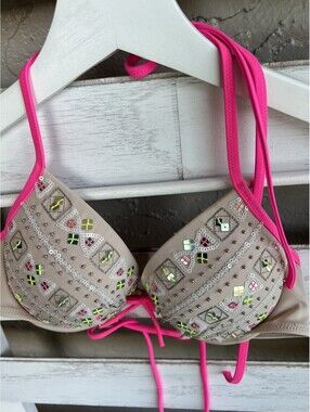 Victoria’s Secret 34A Swim Bikini Top Beige Pink Metallic Padded.